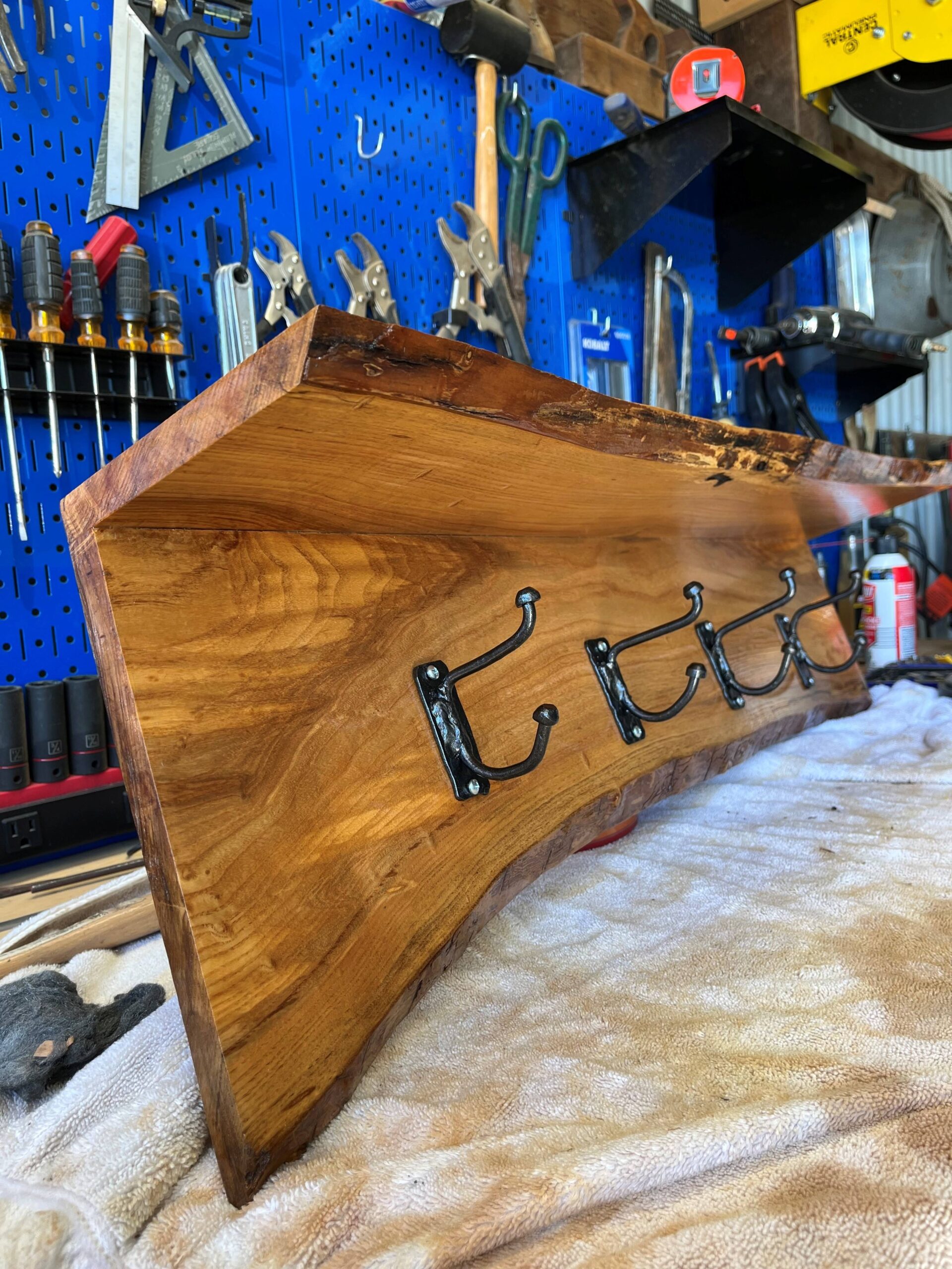 homemade ash wood hatrack and shelf