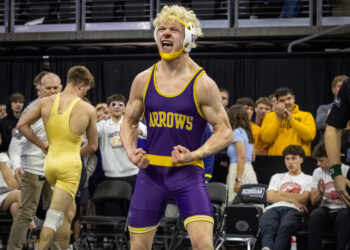 Gage Lohr of Watertown celebrates after winning his 4 consecutive state championship. SAT 1